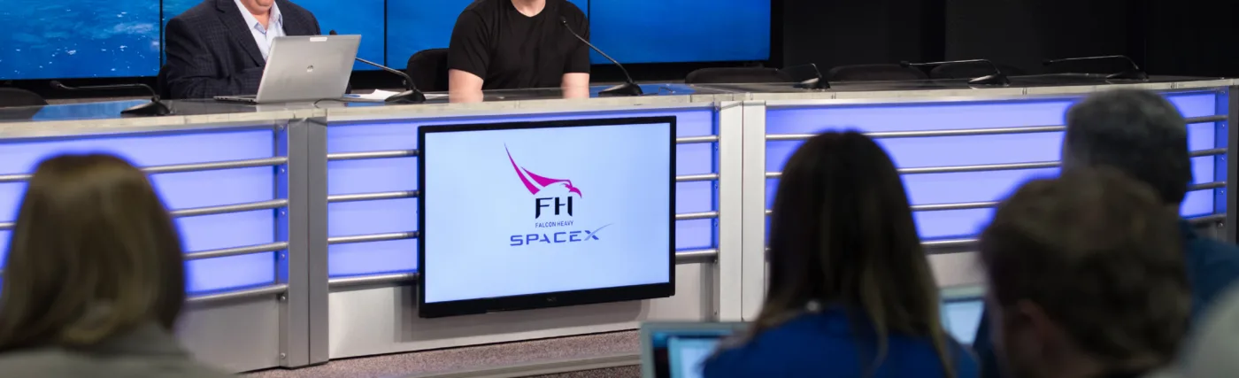 Elon Musk, SpaceX chief executive officer and lead designer, speaks to the news media during a news conference at NASA's Kennedy Space Center in Florida after the successful liftoff of the company’s Falcon Heavy rocket from Launch Complex 39A.