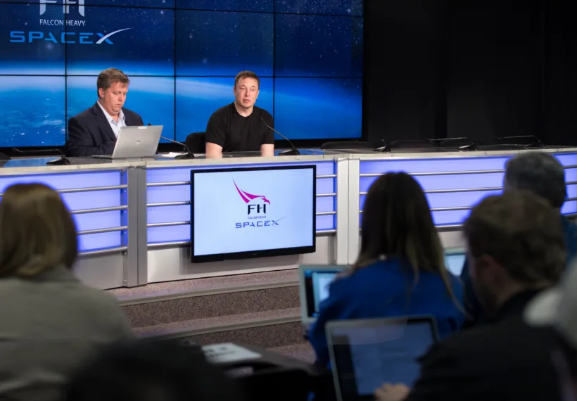 Elon Musk, SpaceX chief executive officer and lead designer, speaks to the news media during a news conference at NASA's Kennedy Space Center in Florida after the successful liftoff of the company’s Falcon Heavy rocket from Launch Complex 39A.