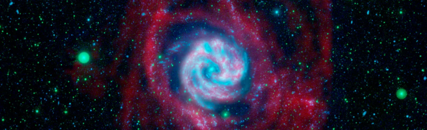 The outlying regions around the Southern Pinwheel galaxy, or M83, are highlighted in this composite image from NASA's Galaxy Evolution Explorer and the National Science Foundation's Very Large Array in New Mexico. The blue and pink pinwheel in the center is the galaxy's main stellar disk, while the flapping, ribbon-like structures are its extended arms.