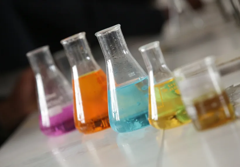 Chemicals in Erlenmeyer flasks