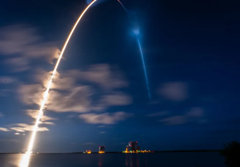 A Falcon 9 rocket launches Inspiration4 toward space Sept. 15, 2021, at Kennedy Space Center, Florida. Four private citizens were transported into orbit inside Space-X’s Dragon Resilience capsule. The crew, which is the first to be made up exclusively by private citizens, will orbit the Earth for three days. (U.S. Space Force photo by Joshua Conti)