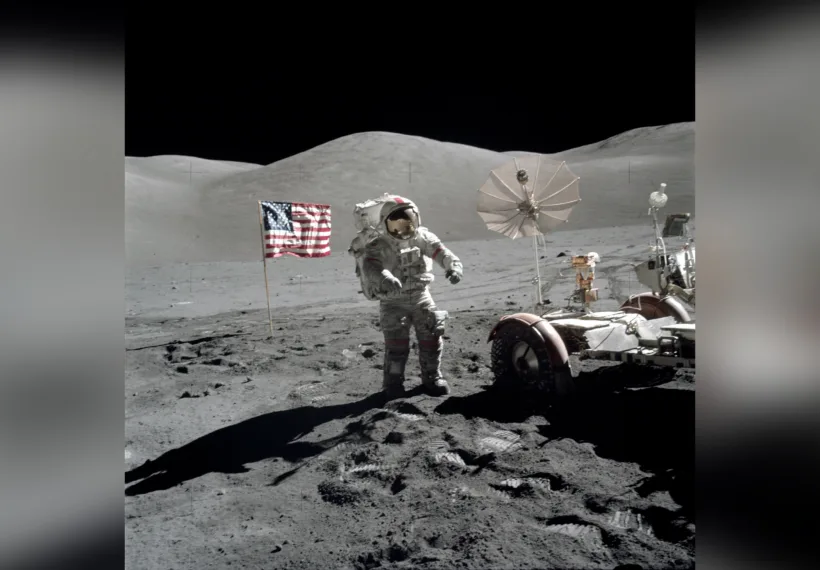 Astronaut Eugene A. Cernan, mission commander, walks toward the Lunar Roving Vehicle (LRV) at the start of the third extravehicular activity (EVA-3) at the Taurus-Littrow landing site of NASA's sixth and final Apollo lunar landing mission.