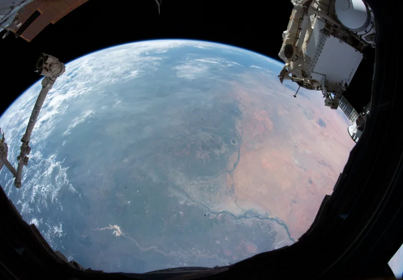 Pictured from the International Space Station's cupola, or "window to the world," Sudan's northern arid climate transitions to a tropical climate in the country's far south in eastern Africa.