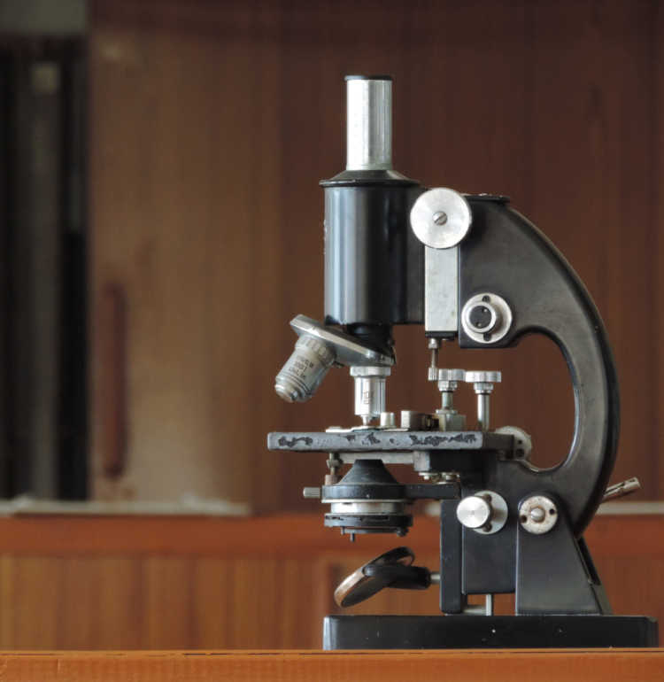 A compound microscope in a Biology lab.