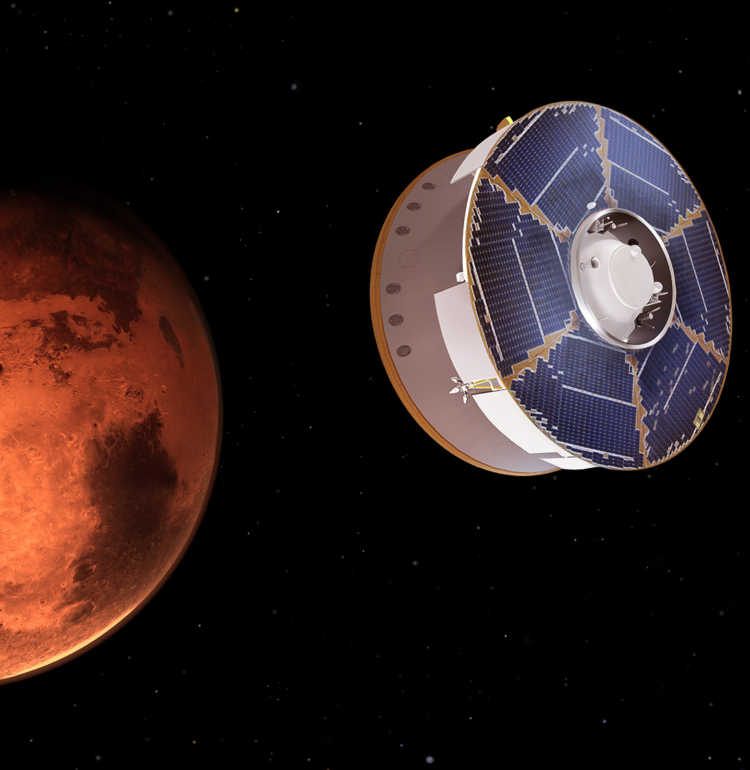This illustration shows NASA’s Mars 2020 spacecraft carrying the Perseverance rover as it approaches Mars.