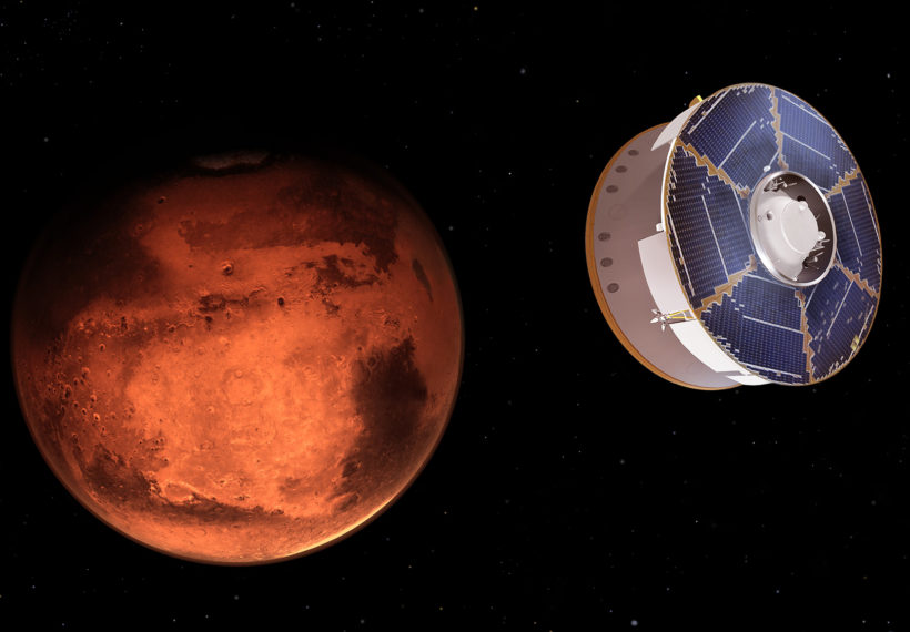 This illustration shows NASA’s Mars 2020 spacecraft carrying the Perseverance rover as it approaches Mars.
