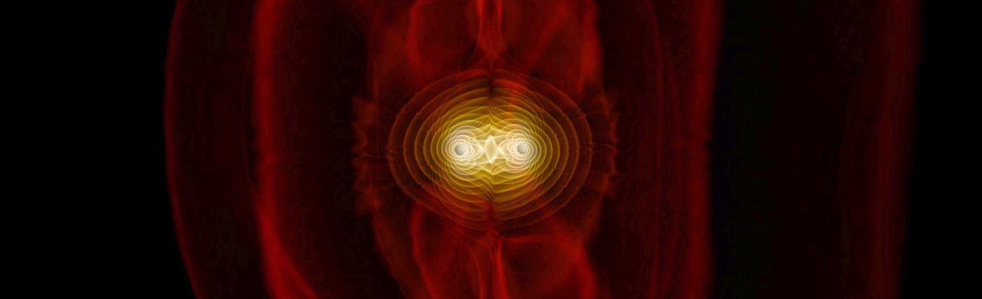 Frame from a simulation of the merger of two black holes and the resulting emission of gravitational radiation (colored fields). The outer red sheets correspond directly to the outgoing gravitational radiation that one day may be detected by gravitational-wave observatories.