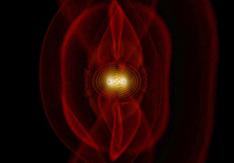 Frame from a simulation of the merger of two black holes and the resulting emission of gravitational radiation (colored fields). The outer red sheets correspond directly to the outgoing gravitational radiation that one day may be detected by gravitational-wave observatories.