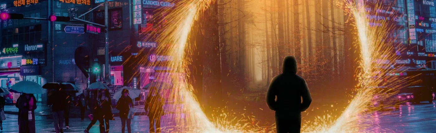 SaraMartnezW’s image of a man in a city entering a portal to a forest.