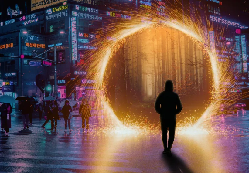 SaraMartnezW’s image of a man in a city entering a portal to a forest.