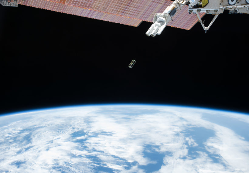 A Japanese Small Satellite is deployed from outside the Japanese Experiment Module on Sept. 17, 2015. Two satellites were sent into Earth orbit by the Small Satellite Orbital Deployer.