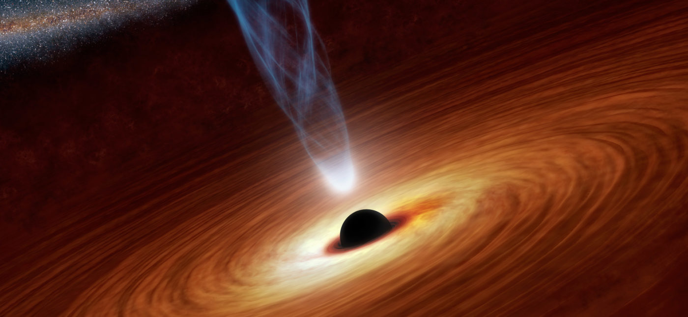 This artist's concept illustrates a supermassive black hole with millions to billions times the mass of our sun. Also shown is an outflowing jet of energetic particles, believed to be powered by the black hole's spin.