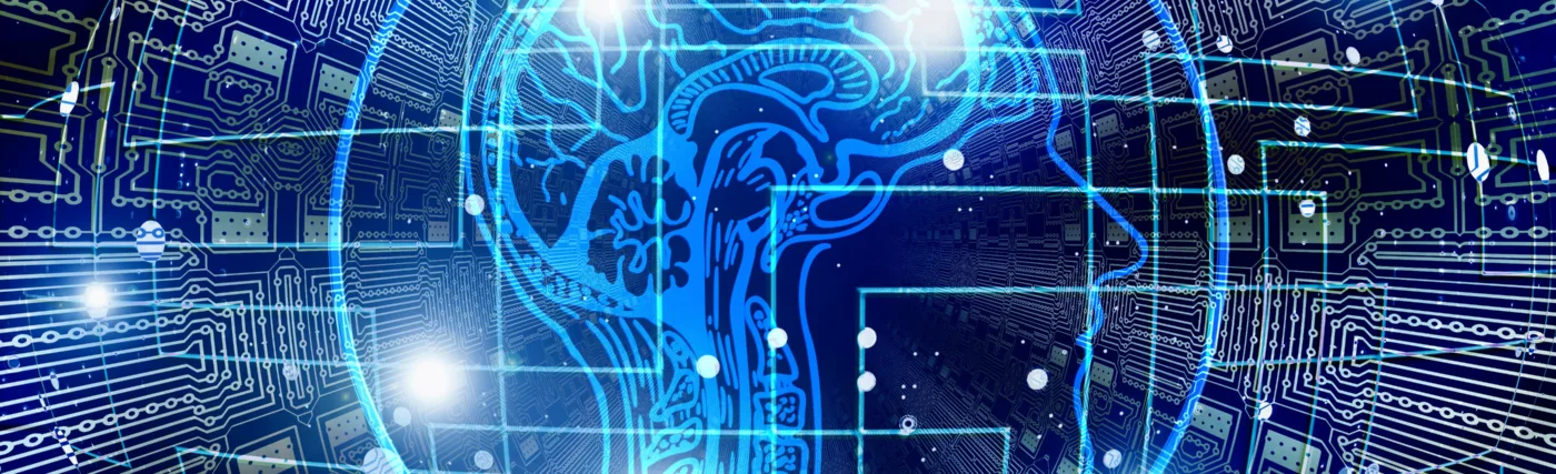 Image of a brain over artificial intelligence circuitry.