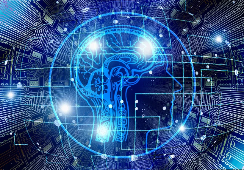 Image of a brain over artificial intelligence circuitry.