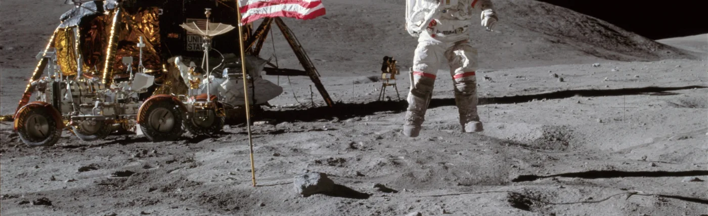 John W. Young on the Moon during Apollo 16 mission jumping about 42 Centimeters high. Charles M. Duke Jr. took this picture. The LM Orion is on the left. April 21, 1972