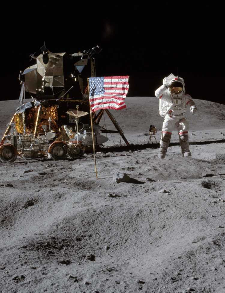 John W. Young on the Moon during Apollo 16 mission jumping about 42 Centimeters high. Charles M. Duke Jr. took this picture. The LM Orion is on the left. April 21, 1972