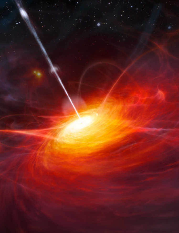This artist’s impression shows how ULAS J1120+0641, a very distant quasar powered by a black hole with a mass two billion times that of the Sun, may have looked.