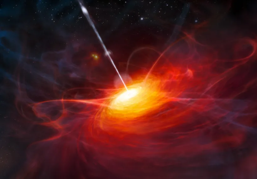 This artist’s impression shows how ULAS J1120+0641, a very distant quasar powered by a black hole with a mass two billion times that of the Sun, may have looked.