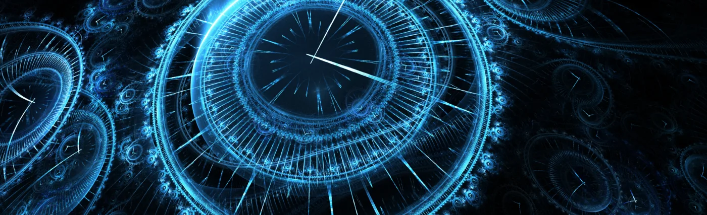 Representation of time travel with blue clocks in darkness.