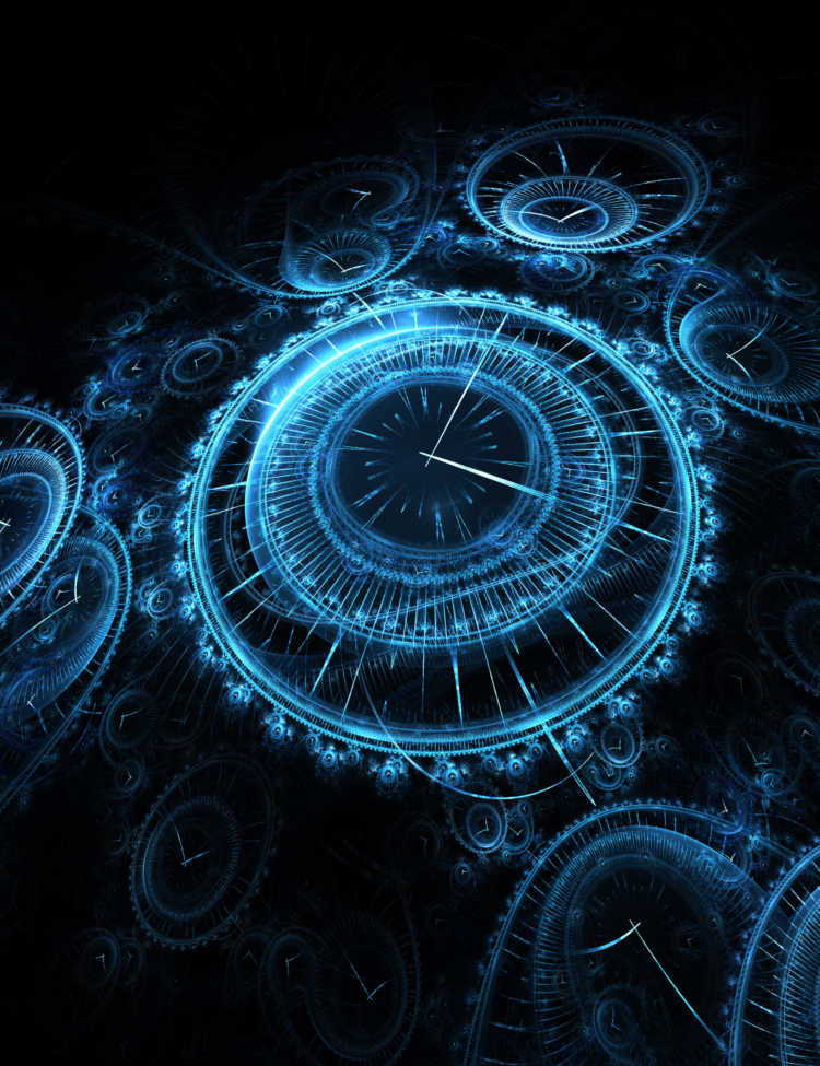 Representation of time travel with blue clocks in darkness.
