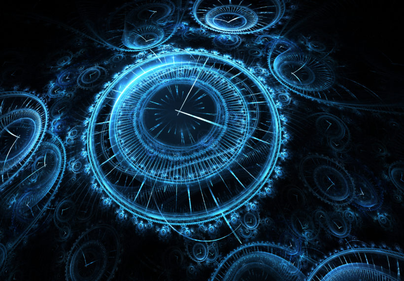 Representation of time travel with blue clocks in darkness.