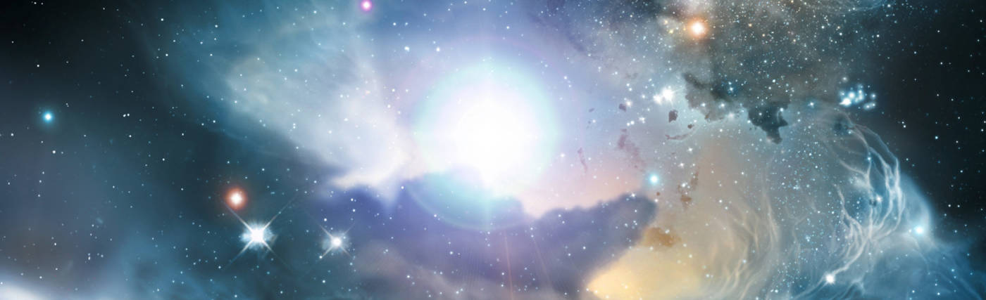 an artist's impression shows a primordial quasar as it might have been, surrounded by sheets of gas, dust, stars and early star clusters. Exacting observations of three distant quasars now indicate emission of very specific colors of the element iron.
