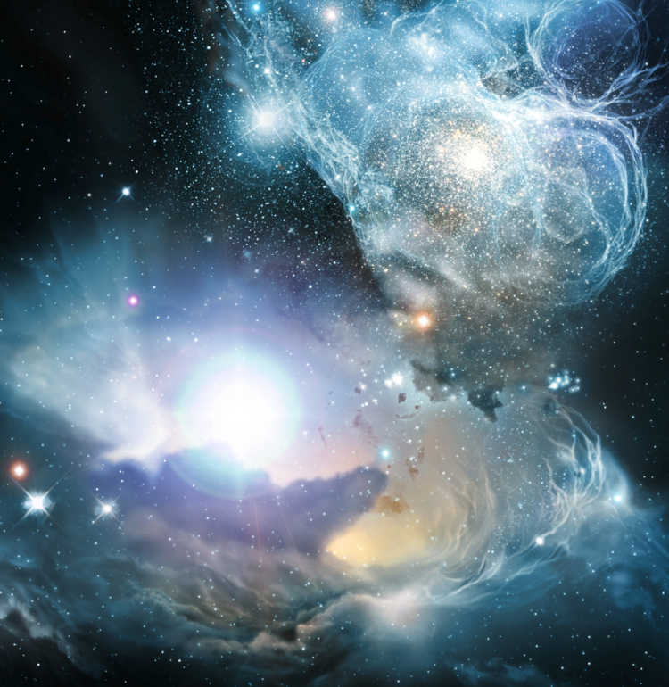 an artist's impression shows a primordial quasar as it might have been, surrounded by sheets of gas, dust, stars and early star clusters. Exacting observations of three distant quasars now indicate emission of very specific colors of the element iron.