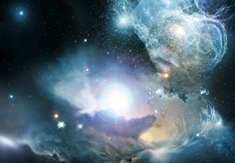 an artist's impression shows a primordial quasar as it might have been, surrounded by sheets of gas, dust, stars and early star clusters. Exacting observations of three distant quasars now indicate emission of very specific colors of the element iron.