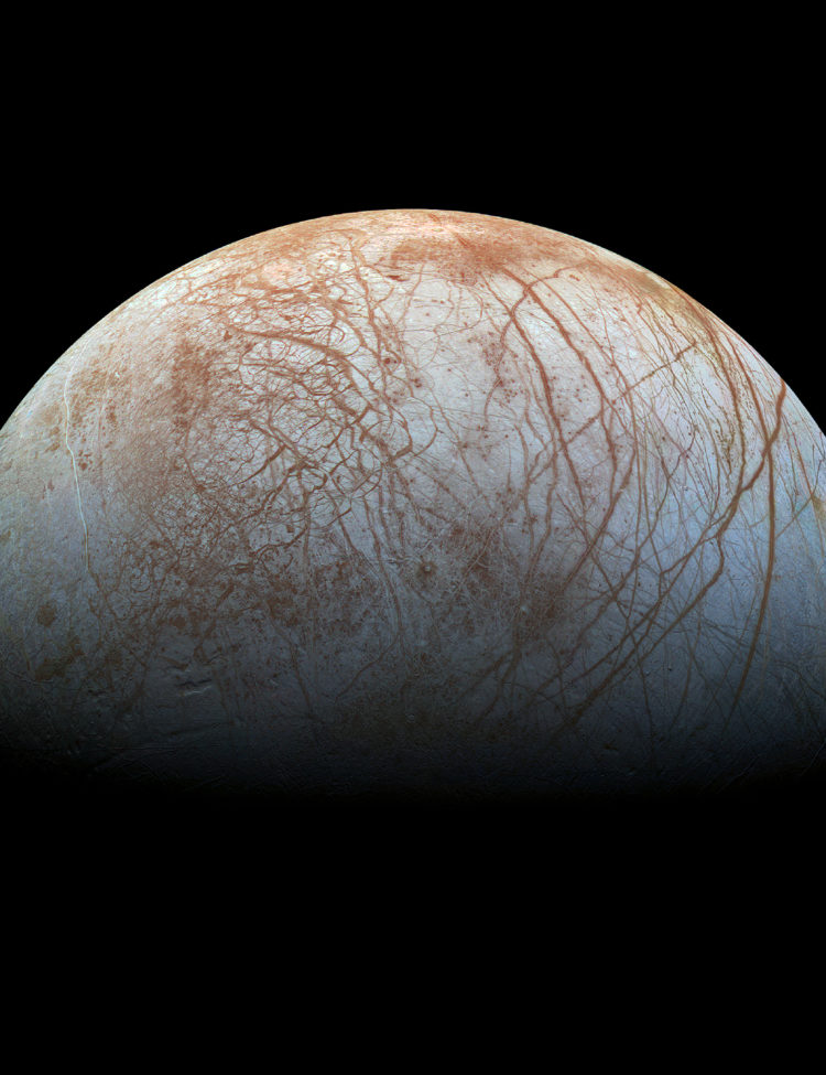 The puzzling, fascinating surface of Jupiter's icy moon Europa looms large in this newly-reprocessed color view, made from images taken by NASA's Galileo spacecraft in the late 1990s. This is the color view of Europa from Galileo that shows the largest portion of the moon's surface at the highest resolution.