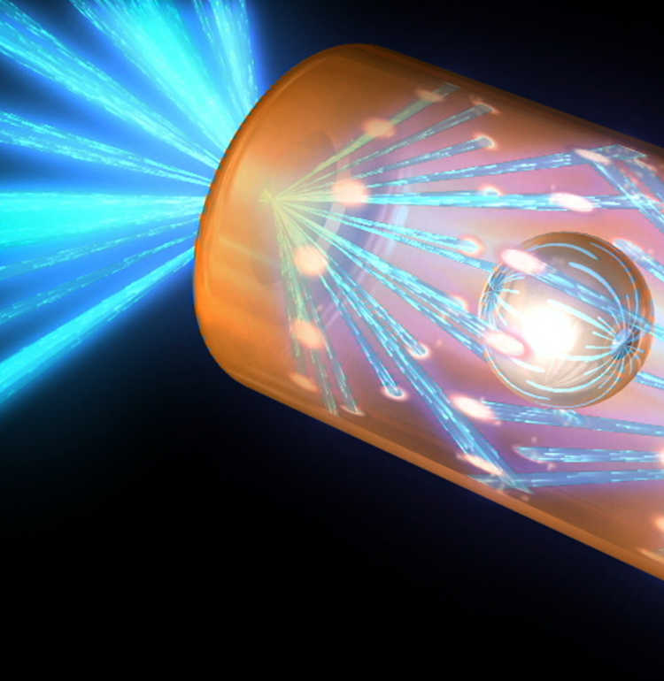 Shown is an artist's rendering shows a NIF target pellet inside a hohlraum capsule with laser beams entering through openings on either end. The beams compress and heat the target to the necessary conditions for nuclear fusion to occur. Ignition experiments on NIF will be the culmination of more that 30 years of inertial confinement fusion research and development, opening the door to exploration of previously physical regimes.
