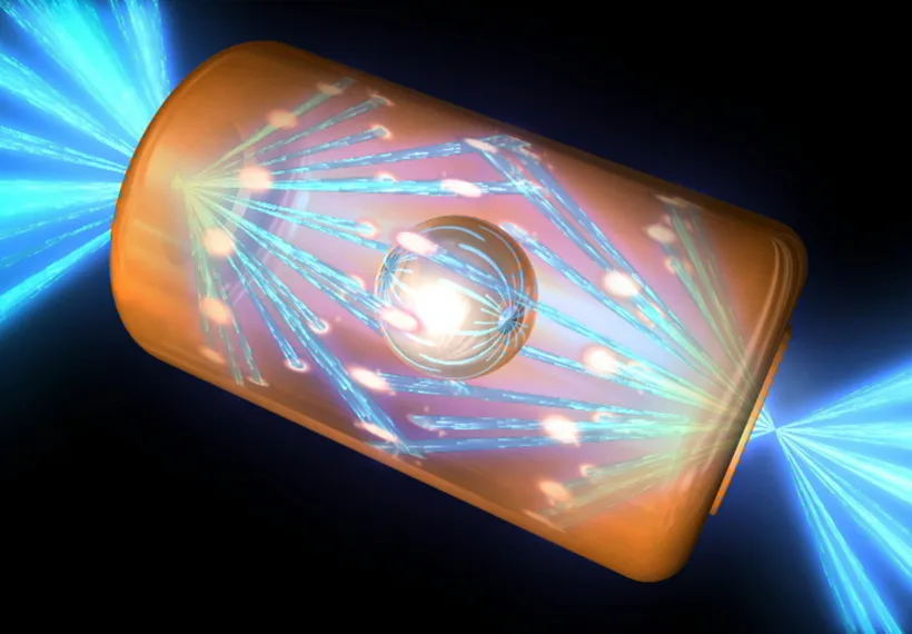 Shown is an artist's rendering shows a NIF target pellet inside a hohlraum capsule with laser beams entering through openings on either end. The beams compress and heat the target to the necessary conditions for nuclear fusion to occur. Ignition experiments on NIF will be the culmination of more that 30 years of inertial confinement fusion research and development, opening the door to exploration of previously physical regimes.