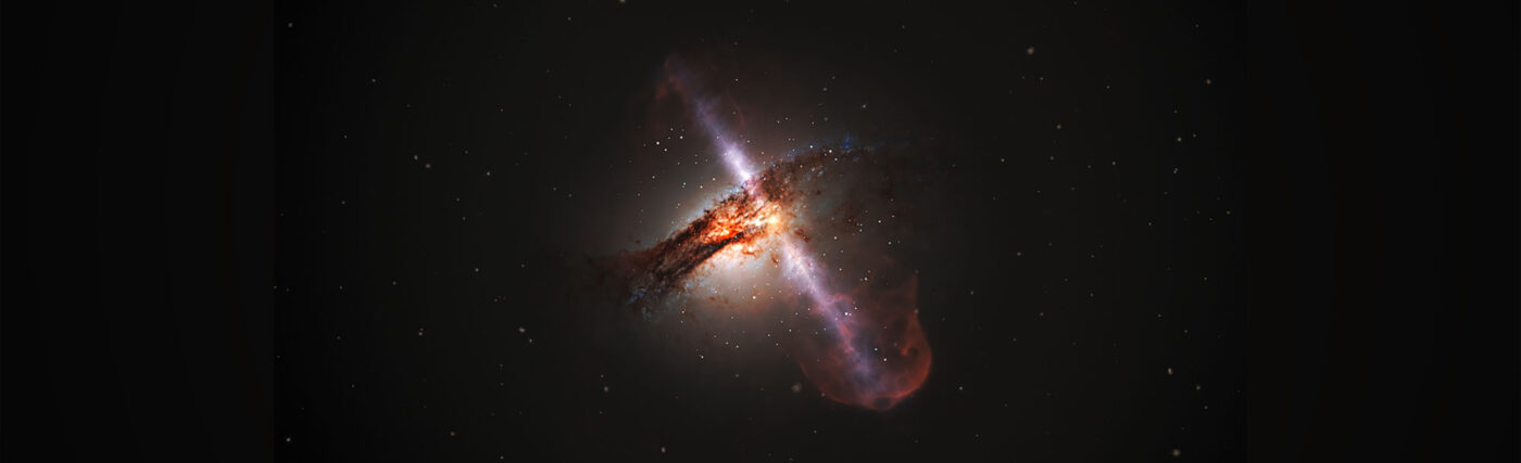 This artist’s impression illustrates how high-speed jets from supermassive black holes would look. These outflows of plasma are the result of the extraction of energy from a supermassive black hole’s rotation as it consumes the disc of swirling material that surrounds it. These jets have very strong emissions at radio wavelengths.