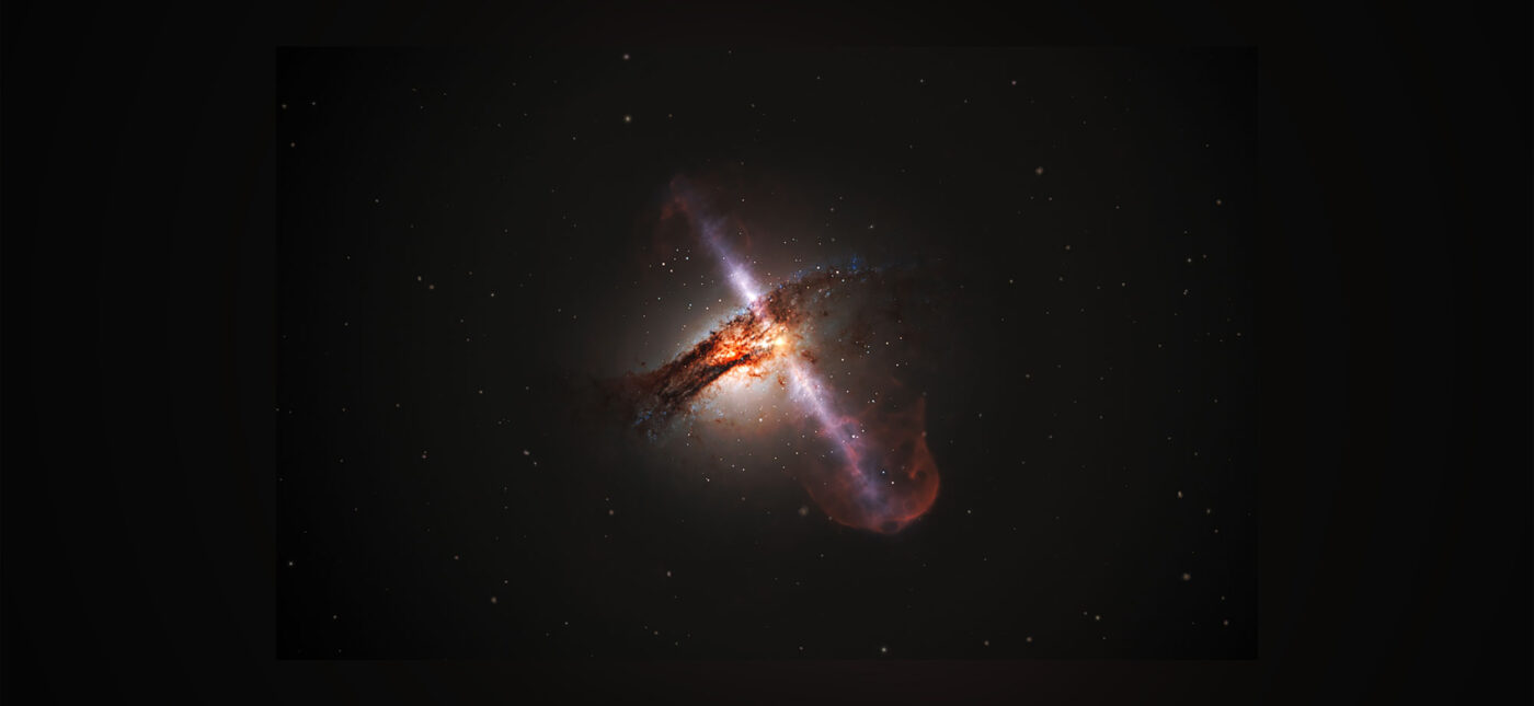 This artist’s impression illustrates how high-speed jets from supermassive black holes would look. These outflows of plasma are the result of the extraction of energy from a supermassive black hole’s rotation as it consumes the disc of swirling material that surrounds it. These jets have very strong emissions at radio wavelengths.