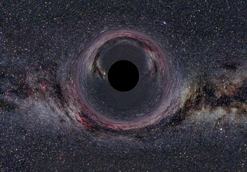 A simulated Black Hole of ten solar masses as seen from a distance of 600km with the Milky Way in the background