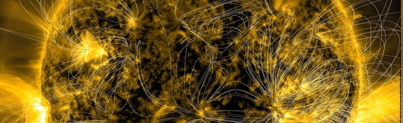 Scientists have developed a way to produce models of where the magnetic field lines are several times each day. Here we have created a time-lapse version of these models over four days (2-3 each day) to give you a peek at how these change over time. The spiraling arcs of magnetic field lines emerge from active regions and connect back to areas with the opposite polarity. The field lines are more concentrated where regions are more magnetically intense. And of course, they rotate with the rotation of the Sun.