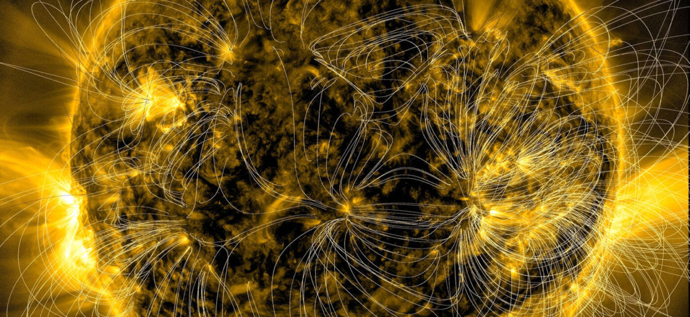 Scientists have developed a way to produce models of where the magnetic field lines are several times each day. Here we have created a time-lapse version of these models over four days (2-3 each day) to give you a peek at how these change over time. The spiraling arcs of magnetic field lines emerge from active regions and connect back to areas with the opposite polarity. The field lines are more concentrated where regions are more magnetically intense. And of course, they rotate with the rotation of the Sun.