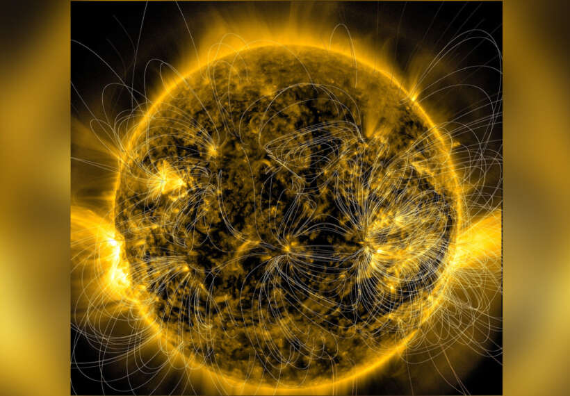 Scientists have developed a way to produce models of where the magnetic field lines are several times each day. Here we have created a time-lapse version of these models over four days (2-3 each day) to give you a peek at how these change over time. The spiraling arcs of magnetic field lines emerge from active regions and connect back to areas with the opposite polarity. The field lines are more concentrated where regions are more magnetically intense. And of course, they rotate with the rotation of the Sun.