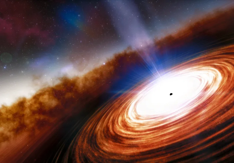 An artist’s impression of quasar J0313-1806 showing the supermassive black hole and the extremely high velocity wind. The quasar, seen just 670 million years after the Big Bang, is 1000 times more luminous than the Milky Way, and is powered by the earliest known supermassive black hole, which weighs in at more than 1.6 billion times the mass of the Sun.