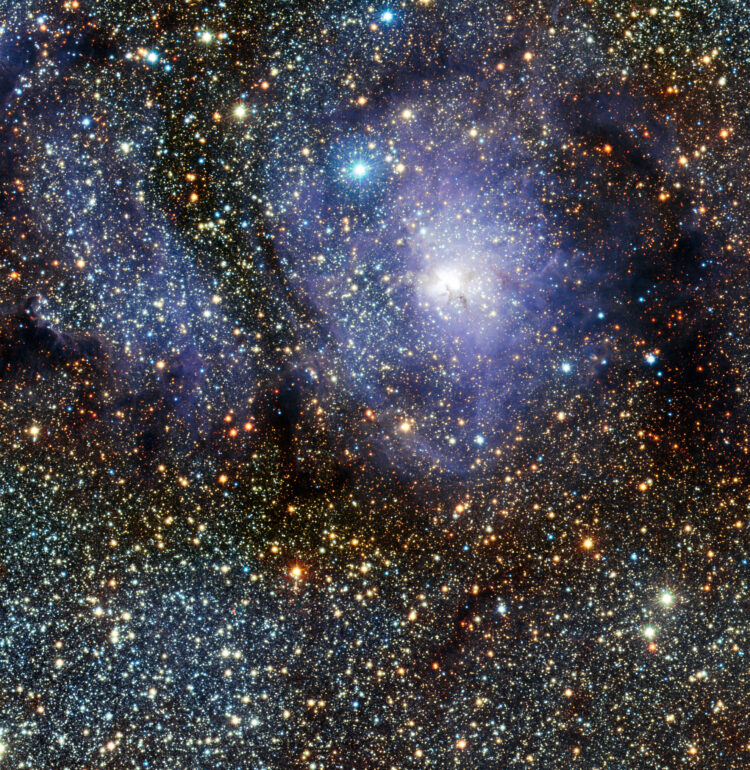 This new infrared view of the star formation region Messier 8, often called the Lagoon Nebula, was captured by the VISTA telescope at ESO’s Paranal Observatory in Chile. This colour picture was created from images taken through J, H and Ks near-infrared filters, and which were acquired as part of a huge survey of the central parts of the Milky Way. The field of view is about 34 by 15 arcminutes.