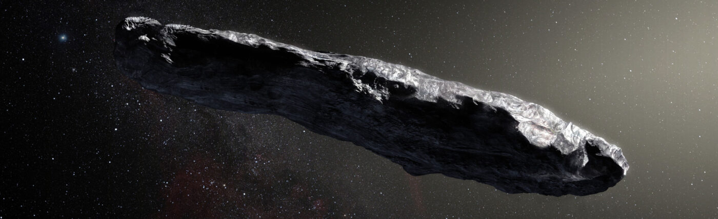 This artist’s impression shows the first interstellar asteroid: `Oumuamua. This unique object was discovered on 19 October 2017 by the Pan-STARRS 1 telescope in Hawai`i. Subsequent observations from ESO’s Very Large Telescope in Chile and other observatories around the world show that it was travelling through space for millions of years before its chance encounter with our star system. `Oumuamua seems to be a dark red highly-elongated metallic or rocky object, about 400 metres long, and is unlike anything normally found in the Solar System.