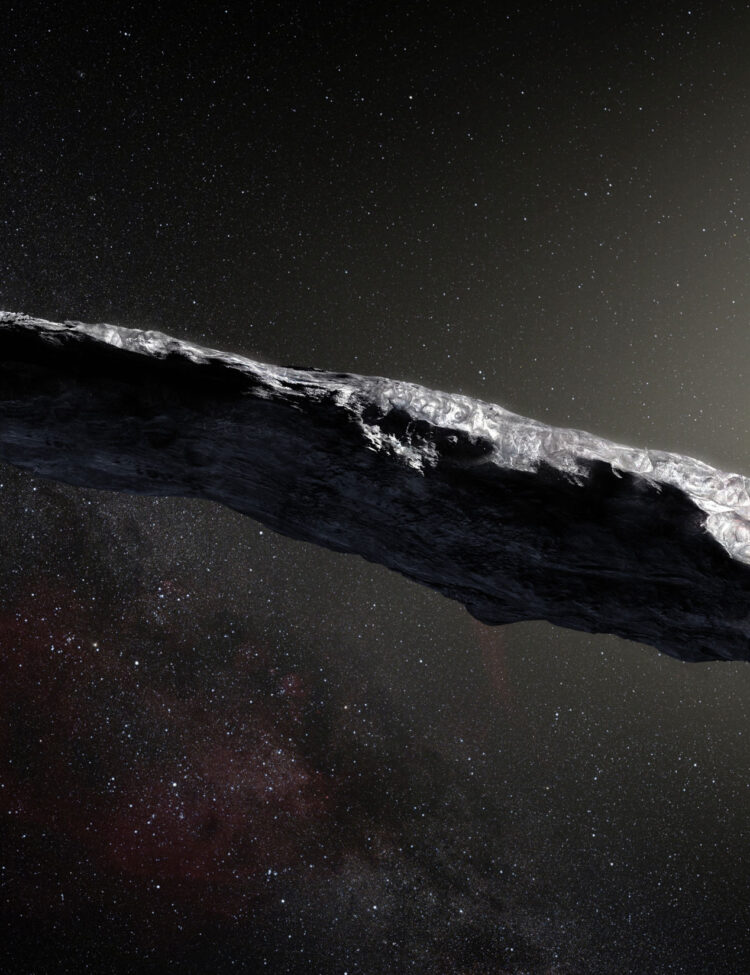 This artist’s impression shows the first interstellar asteroid: `Oumuamua. This unique object was discovered on 19 October 2017 by the Pan-STARRS 1 telescope in Hawai`i. Subsequent observations from ESO’s Very Large Telescope in Chile and other observatories around the world show that it was travelling through space for millions of years before its chance encounter with our star system. `Oumuamua seems to be a dark red highly-elongated metallic or rocky object, about 400 metres long, and is unlike anything normally found in the Solar System.