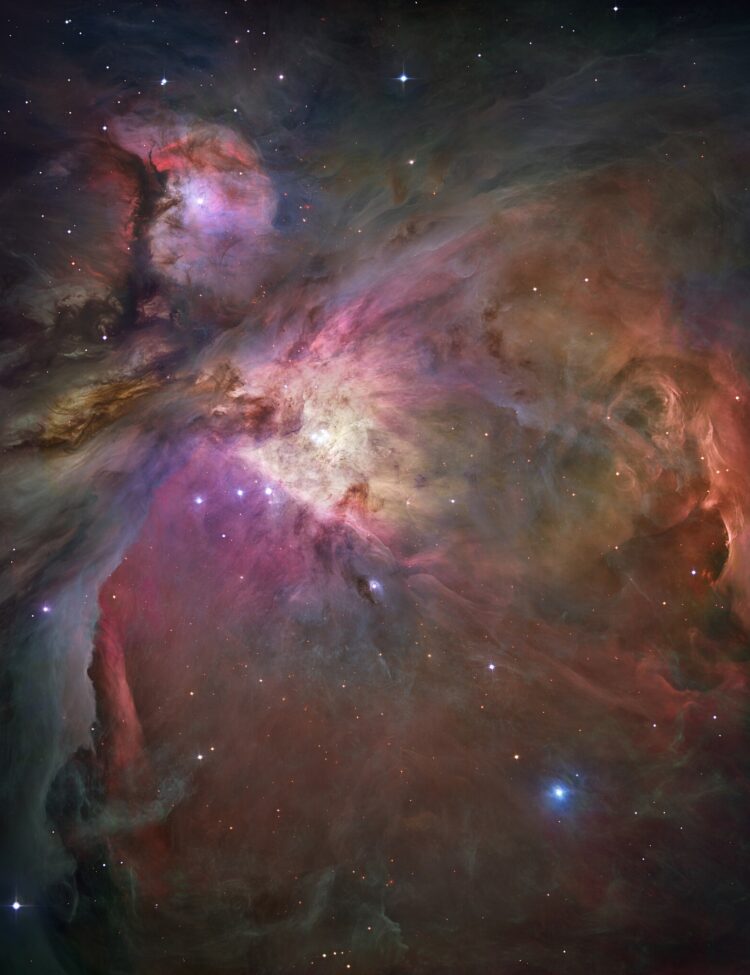 In one of the most detailed astronomical images ever produced, NASA/ESA's Hubble Space Telescope captured an unprecedented look at the Orion Nebula. ... This extensive study took 105 Hubble orbits to complete. All imaging instruments aboard the telescope were used simultaneously to study Orion. The Advanced Camera mosaic covers approximately the apparent angular size of the full moon.