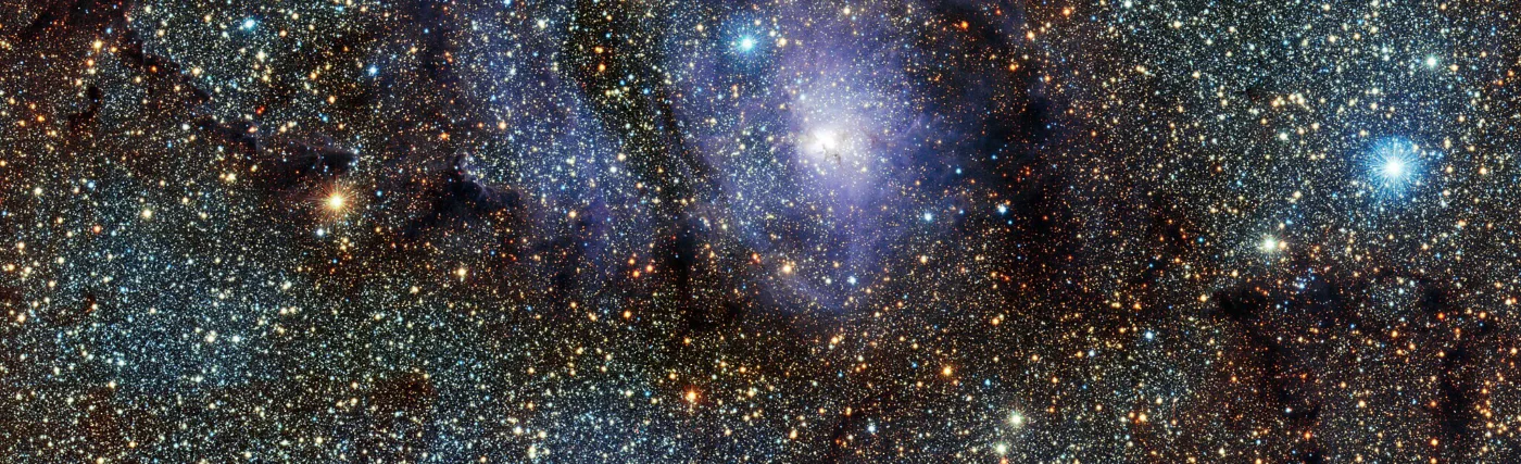 This new infrared view of the star formation region Messier 8, often called the Lagoon Nebula, was captured by the VISTA telescope at ESO’s Paranal Observatory in Chile. This colour picture was created from images taken through J, H and Ks near-infrared filters, and which were acquired as part of a huge survey of the central parts of the Milky Way. The field of view is about 34 by 15 arcminutes.