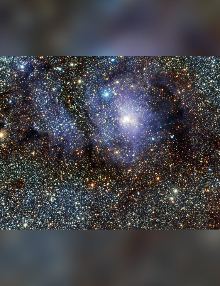 This new infrared view of the star formation region Messier 8, often called the Lagoon Nebula, was captured by the VISTA telescope at ESO’s Paranal Observatory in Chile. This colour picture was created from images taken through J, H and Ks near-infrared filters, and which were acquired as part of a huge survey of the central parts of the Milky Way. The field of view is about 34 by 15 arcminutes.