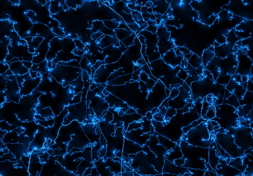 This image is a computer generated simulation that represents the gradient magnitude of cosmic strings induced anisotropies in the Cosmic Microwave Background.