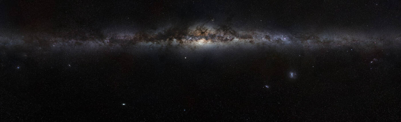 This magnificent 360-degree panoramic image, covering the entire southern and northern celestial sphere, reveals the cosmic landscape that surrounds our tiny blue planet. This gorgeous starscape serves as the first of three extremely high-resolution images featured in the GigaGalaxy Zoom project, launched by the European Southern Observatory within the framework of the International Year of Astronomy 2009 (IYA2009).