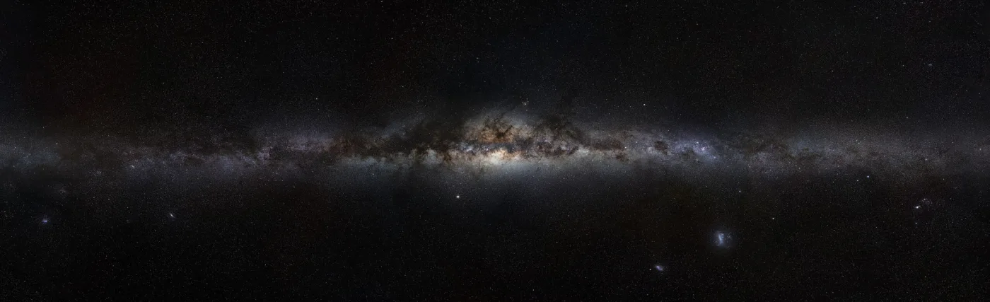 This magnificent 360-degree panoramic image, covering the entire southern and northern celestial sphere, reveals the cosmic landscape that surrounds our tiny blue planet. This gorgeous starscape serves as the first of three extremely high-resolution images featured in the GigaGalaxy Zoom project, launched by the European Southern Observatory within the framework of the International Year of Astronomy 2009 (IYA2009).