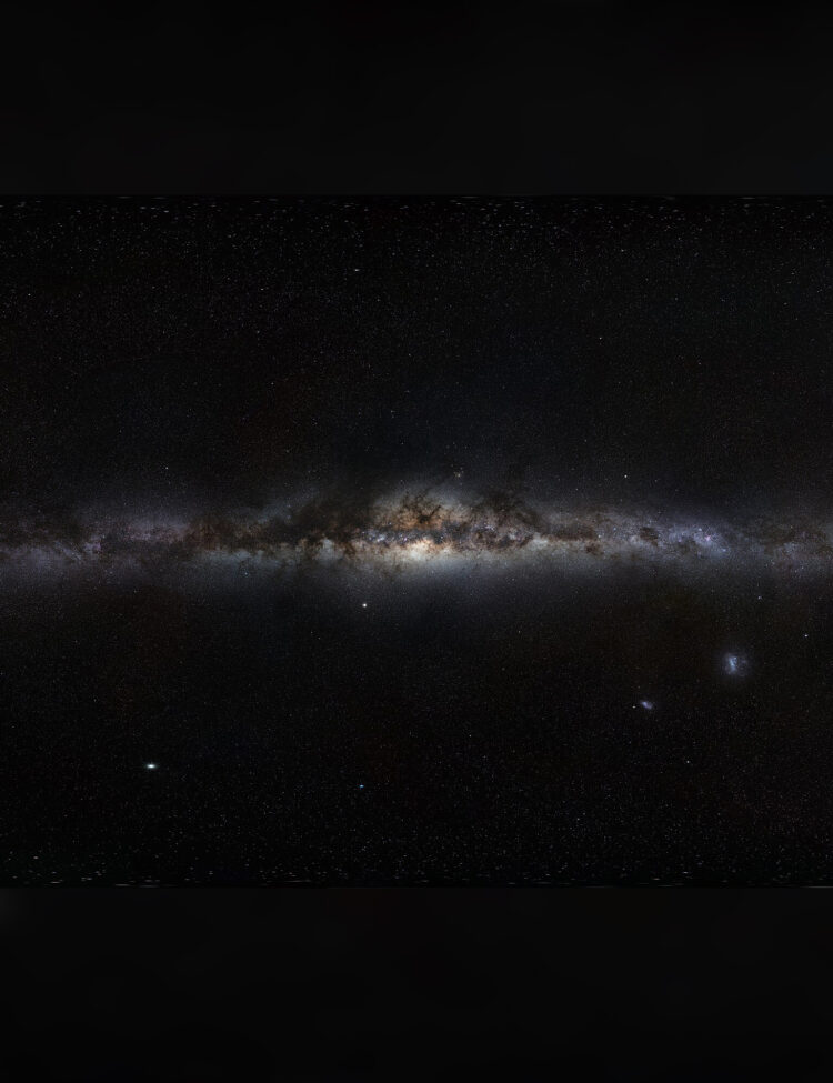 This magnificent 360-degree panoramic image, covering the entire southern and northern celestial sphere, reveals the cosmic landscape that surrounds our tiny blue planet. This gorgeous starscape serves as the first of three extremely high-resolution images featured in the GigaGalaxy Zoom project, launched by the European Southern Observatory within the framework of the International Year of Astronomy 2009 (IYA2009).