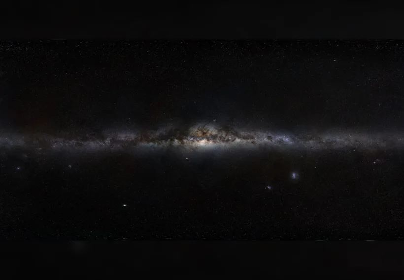 This magnificent 360-degree panoramic image, covering the entire southern and northern celestial sphere, reveals the cosmic landscape that surrounds our tiny blue planet. This gorgeous starscape serves as the first of three extremely high-resolution images featured in the GigaGalaxy Zoom project, launched by the European Southern Observatory within the framework of the International Year of Astronomy 2009 (IYA2009).