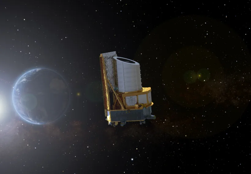 This artist impression shows Euclid leaving Earth and on its way to Sun-Earth Lagrange point L2. This equilibrium point of the Sun-Earth system is located 1.5 million kilometres from Earth in the opposite direction of the Sun. L2 revolves around the Sun along with Earth. During Euclid’s orbit at L2, Euclid’s sunshield always blocks the light from the Sun, Earth and Moon while pointing its telescope towards deep space, ensuring a high level of stability for its instruments.